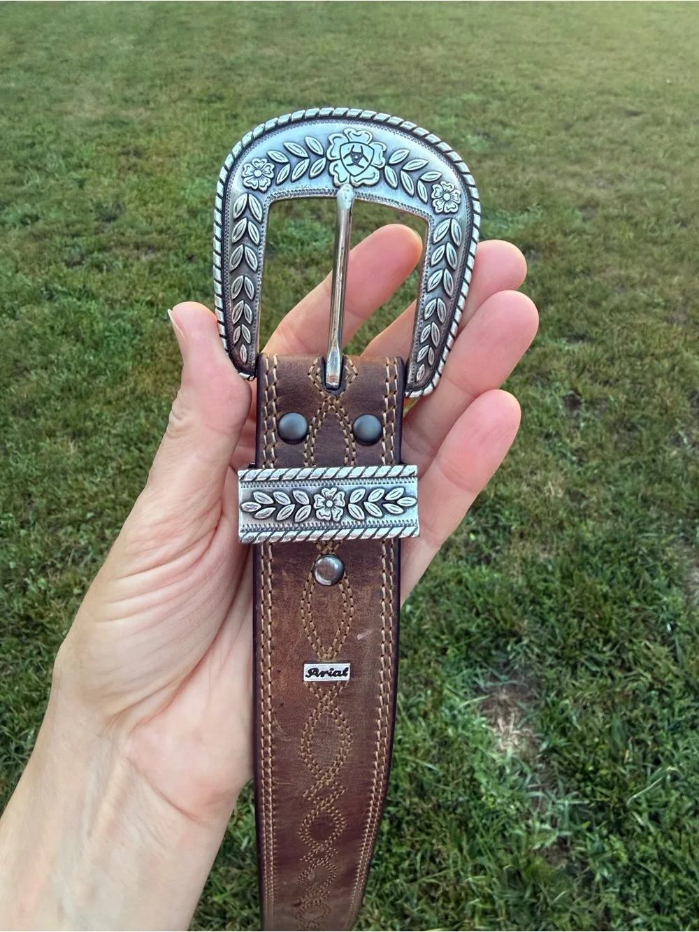 Ariat Brown Leather Western Belt with Silver Floral Buckle and Tip